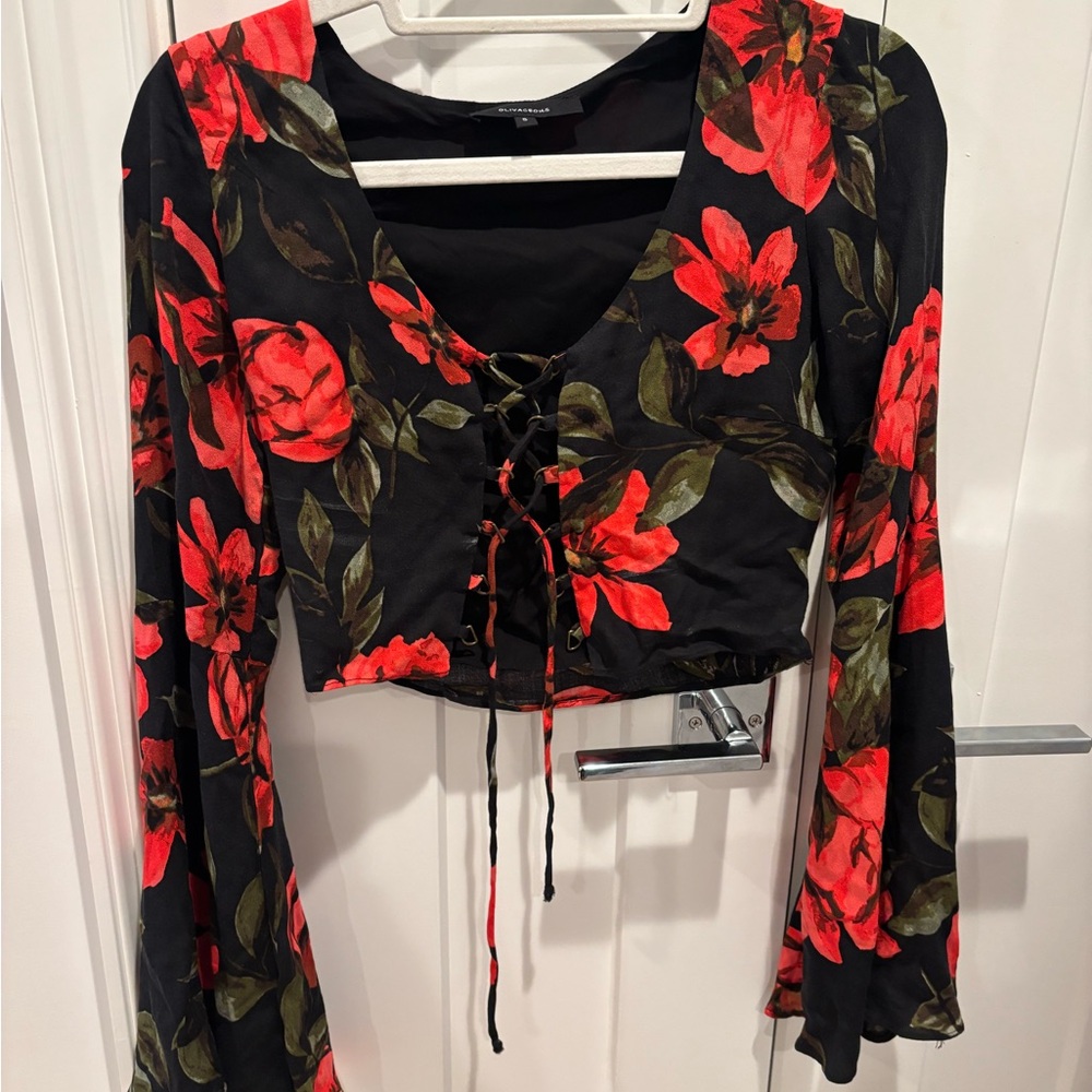 Floral Lace-Up Black and Red Top